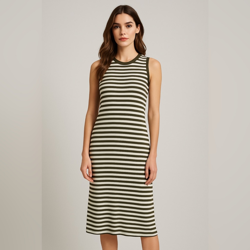 Time and Tru Olive Green Striped Tank Dress Sleeveless Casual Relaxed Fit Size L